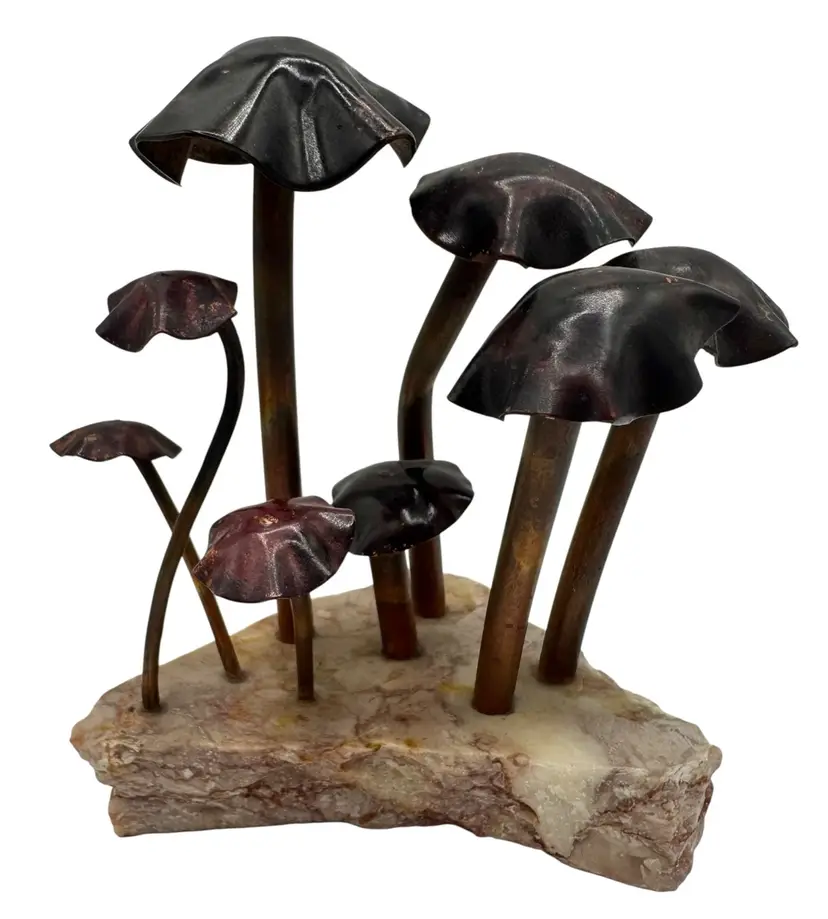 Vintage Brutalist Copper Mushroom Art Figurine Sculpture Stone Base Metal 4.5”