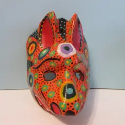 vintage colorful painted wooden dog or fox mask wall decor folk art polka dots spots