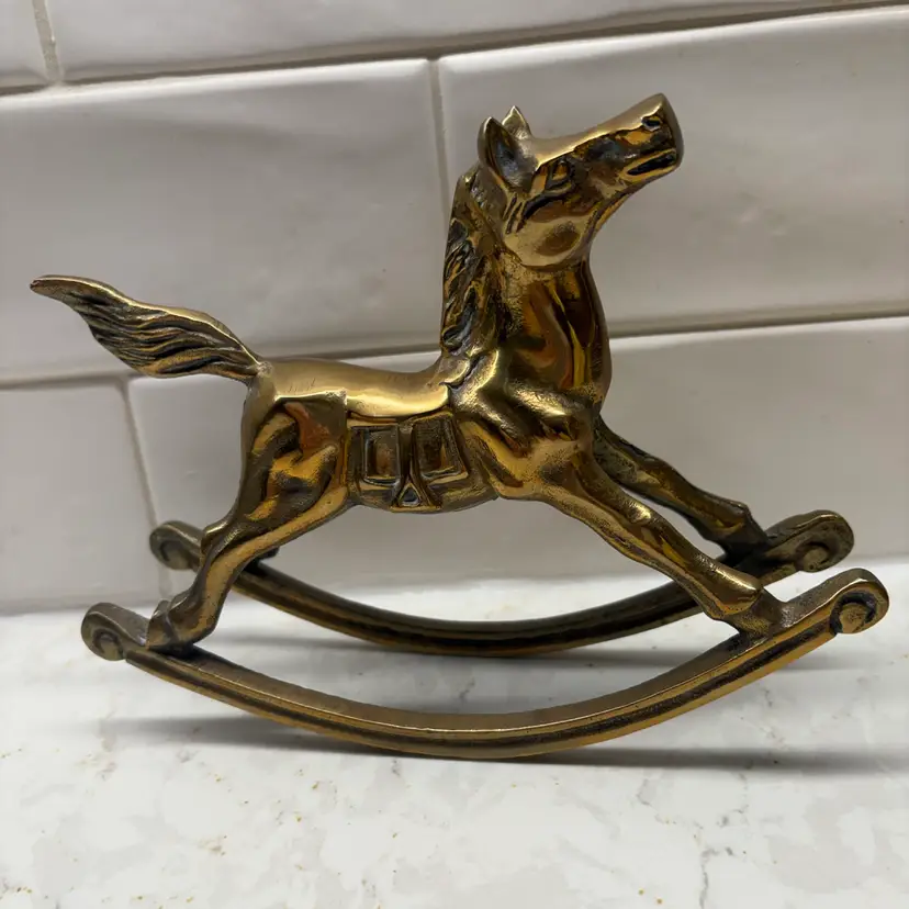 Vintage Solid Brass Rocking Horse Figurine Nearly 1 Pound Figure Decor MCM