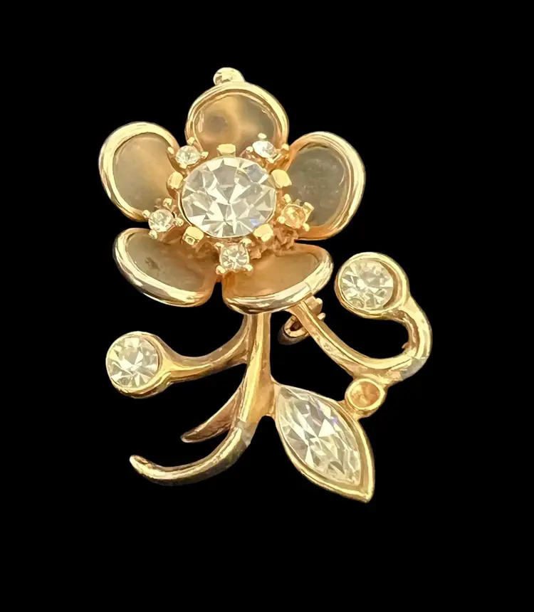 Vintage Floral Brooch Pin Gold Tone Clear Rhinestones