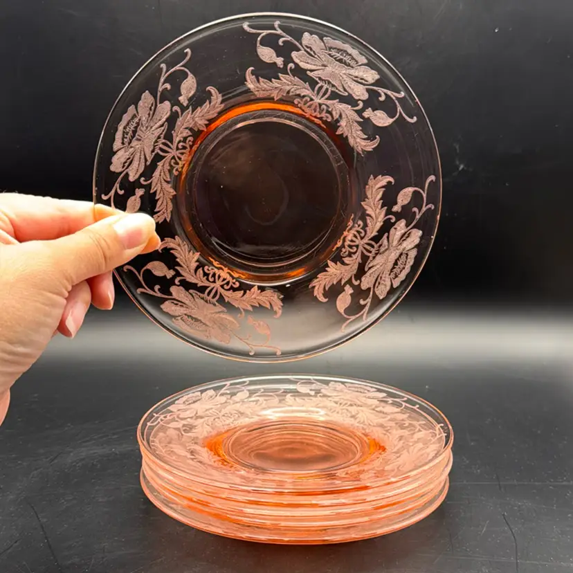 Vintage Tiffin “Flanders Poppy” Pink Depression Glass Dessert Plates Set of 6
