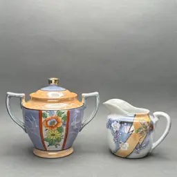 Vintage 1930’s Japanese Peach and Lavender Lusterware Creamer and Covered Sugar Set