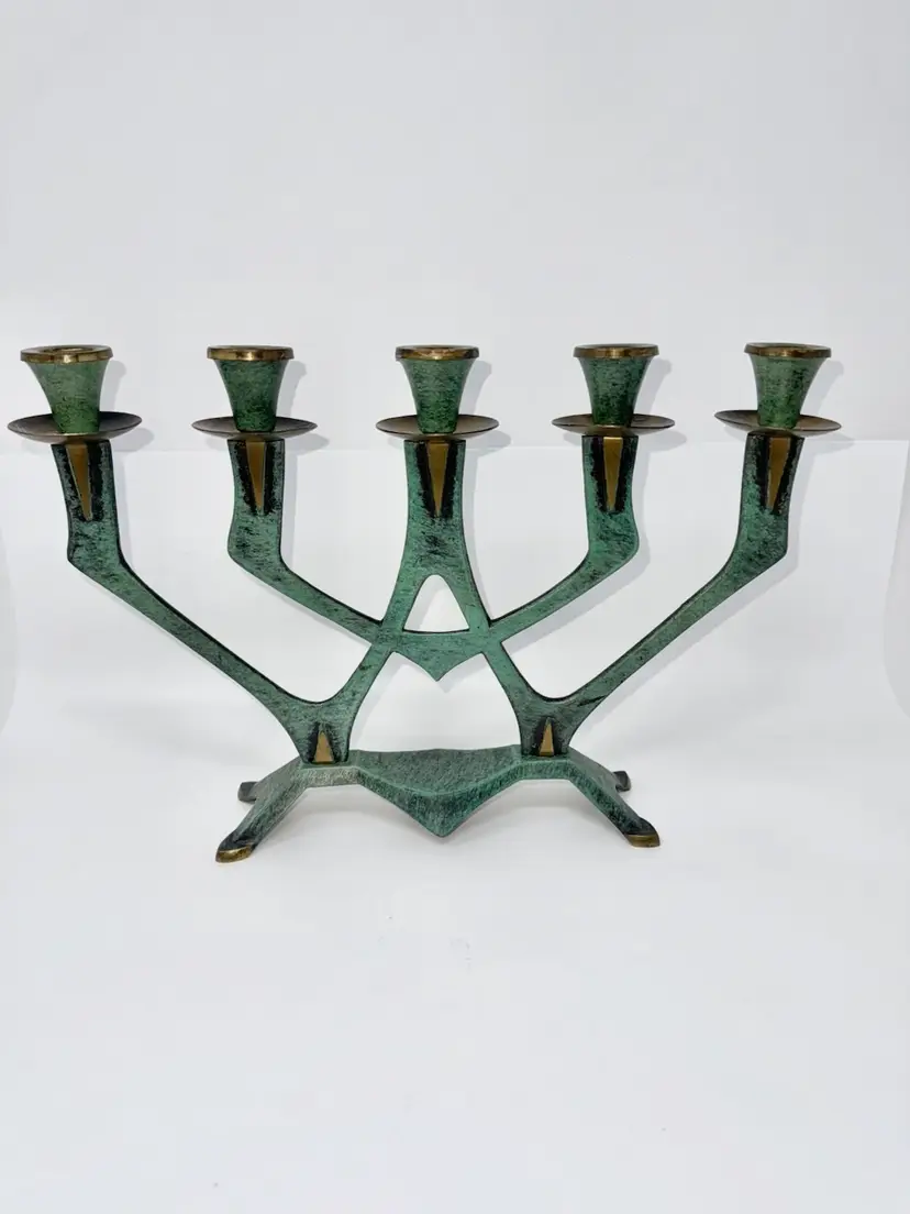 Vintage Mid Century Sabra Made In Israel Brass & Green Enamel 5 Candle Holder