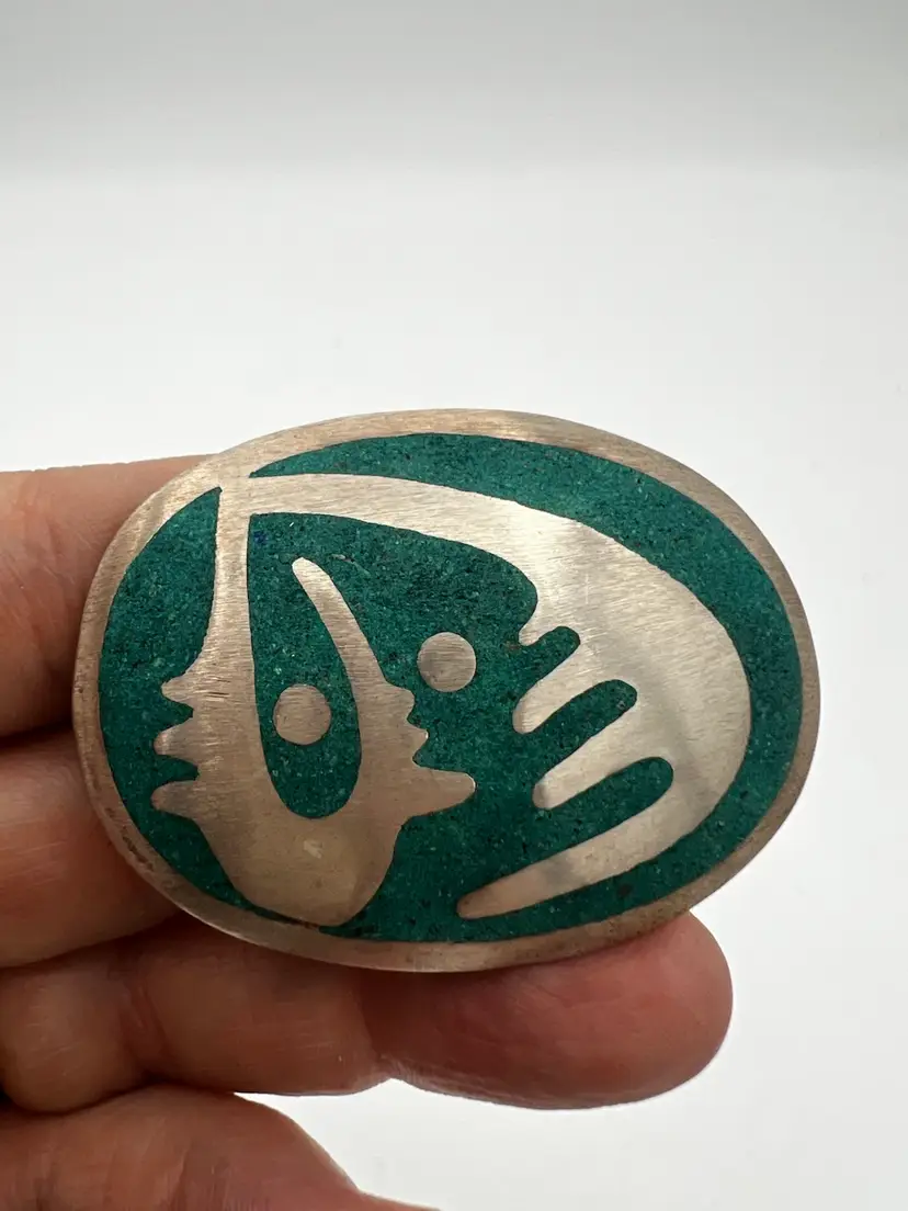 Vintage Sterling Silver With Crushed Stone Inlay Brooch From Taxco, Mexico