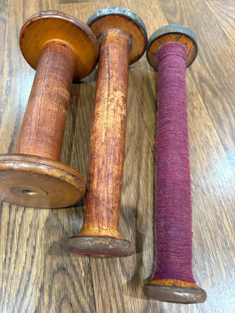 Lot of 3 Industrial Wooden Textile Spools Bobbins