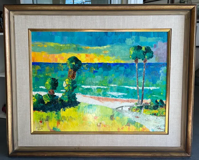 1966 Colorful Original Oil on Wood Panel "Ormond Beach" by O R Hecht SIGNED