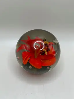 #01 Art Glass Paperweight ~ Bumblebees With Red Flower