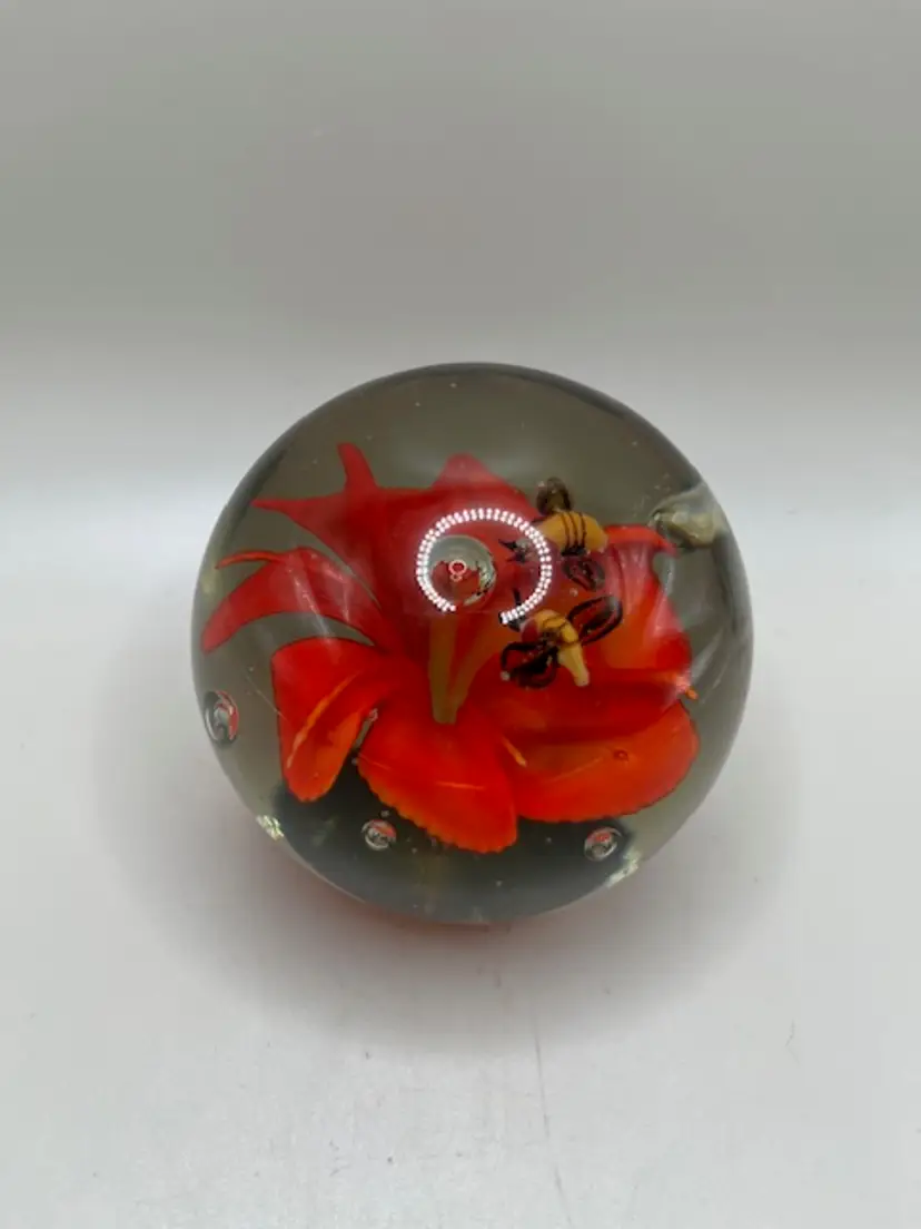 Art Glass Paperweight ~ Bumblebees With Red Flower