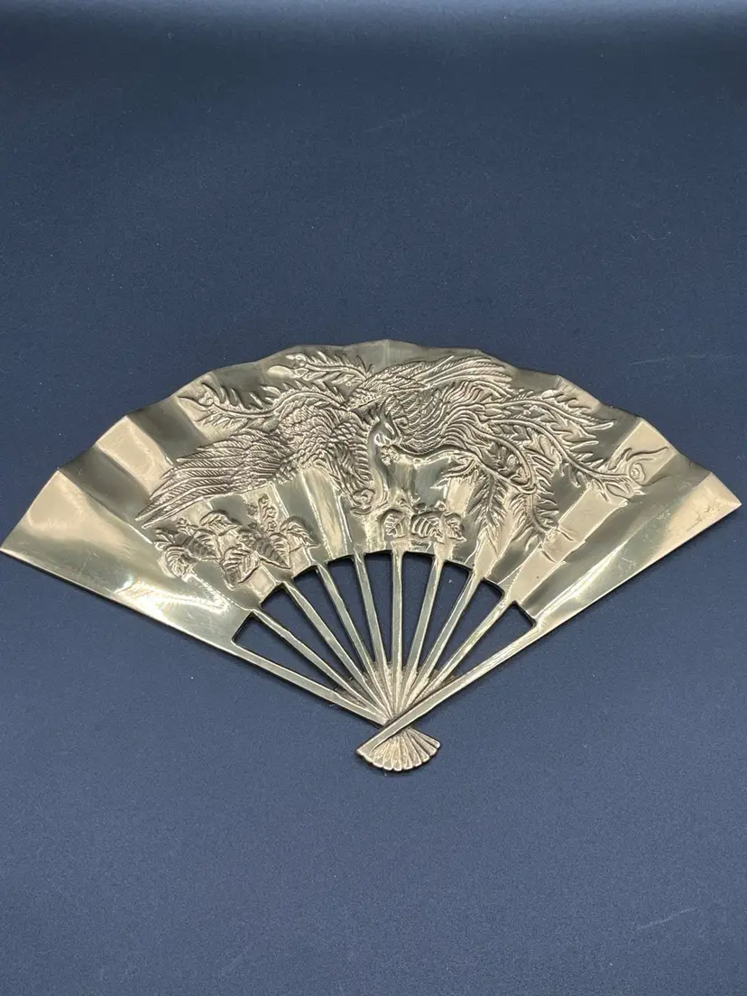 Taiwanese MCM Brass Metal Fan With Rising Phoenix Relief 12” 🐦‍🔥