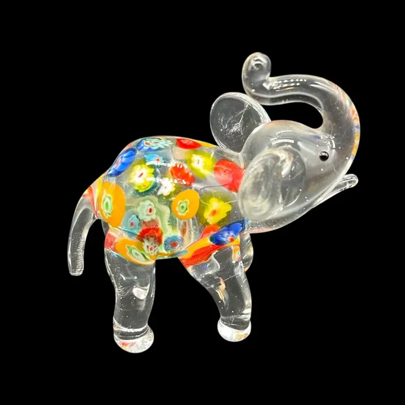 Art Glass Elephant Handblown Figurine  Colorful Millefiori Glows! | 2.75”