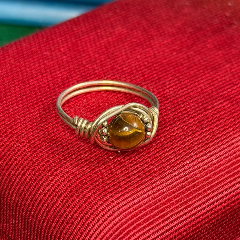 Sterling 925 Silver Tiger’s Eye Bead Wire Wrap Ring US size 6