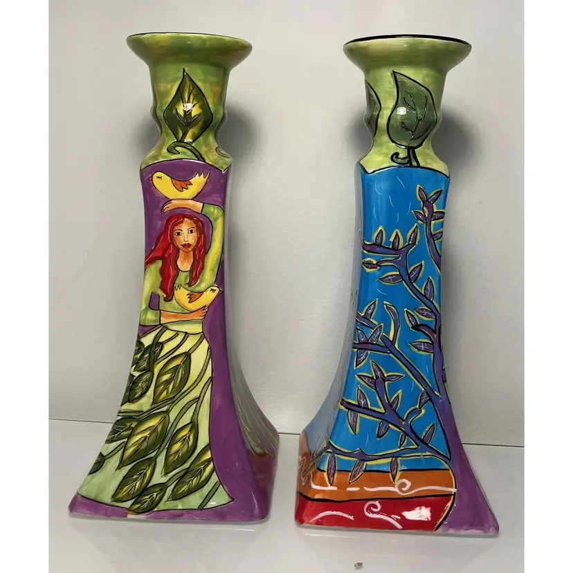 A Woman of Valor by Outi Ceramic Candlesticks Pair Handpainted 8 1/2" tall