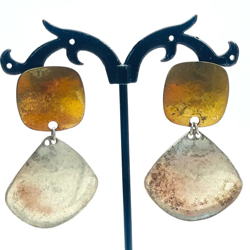 MARJORIE BAER Pierced Earrings Mixed Metal Tones Geometric Modernist Signed MBSF