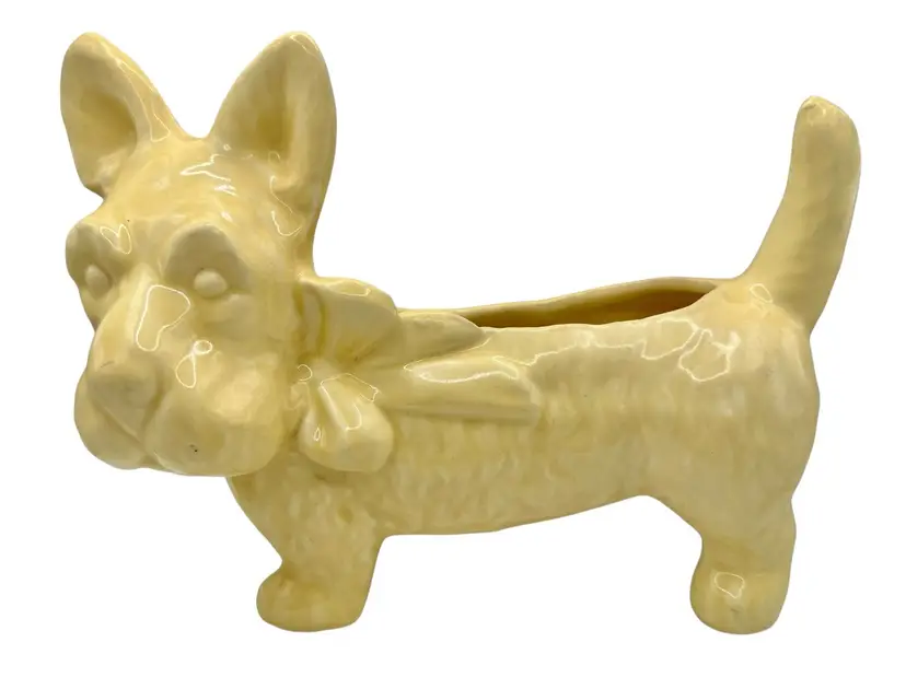 Vintage Pottery Scottie Scottish Terrier Dog Planter Heavy Crazing Yellow 10”
