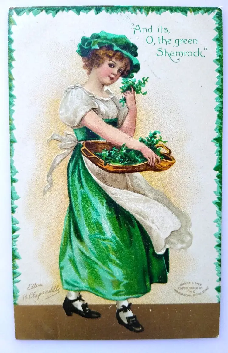St Patrick's Day Postcard Harp Shamrock Girl Basket Ellen Clapsaddle  Int Arts
