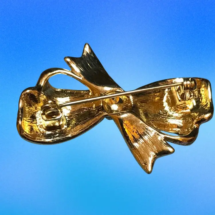 Gold Tone Red Bow With Pave Rhinestone