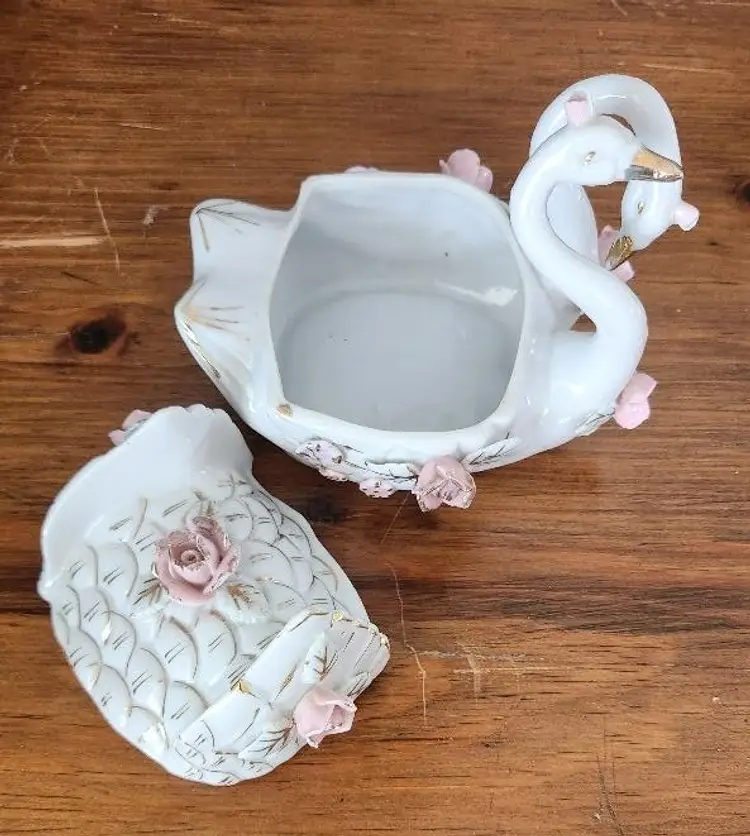 Porcelain Swan Trinket Box Japan Capodimonte Pink Roses