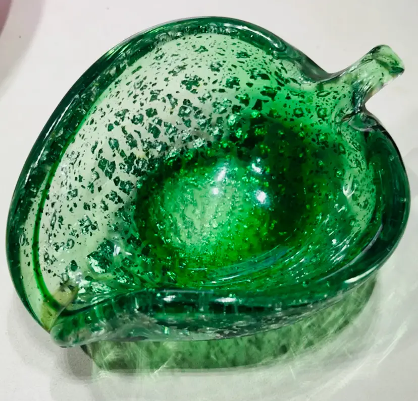 Green Murano Blown Glass Bowl With Gold Flecks