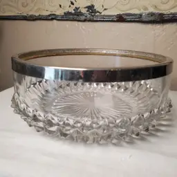 Diamond Cut Glass Silver Rimmed Serving Bowl 7 3/4" Diameter