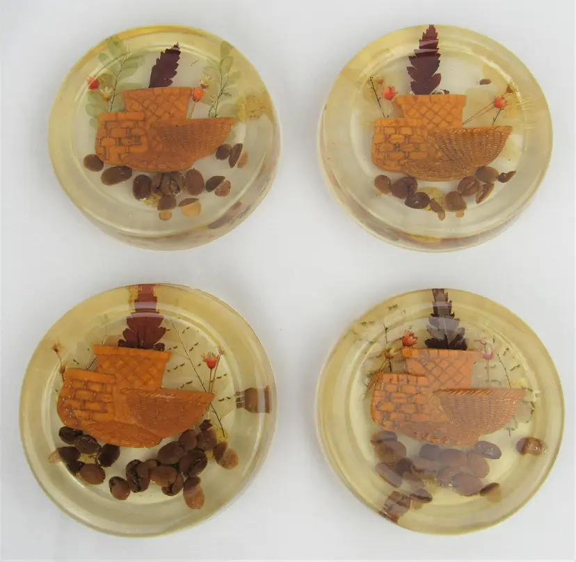 Resin Acrylic Pressed Flowers Coasters 1970s Baskets Coffee Beans Set Of 4