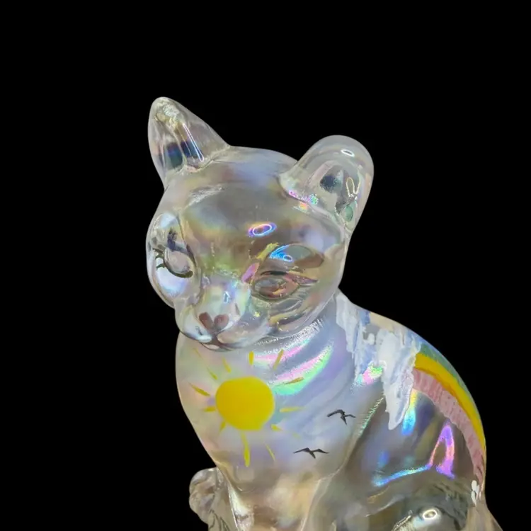 Dreams And Rainbows Opalescent Cat Figurine FENTON 2005 100 Years Exclusive Hand Painted Rainbow•Sun•Birds•Yellow Daisies Scarce
3-3/4” T x 2-3/4” L x2” W