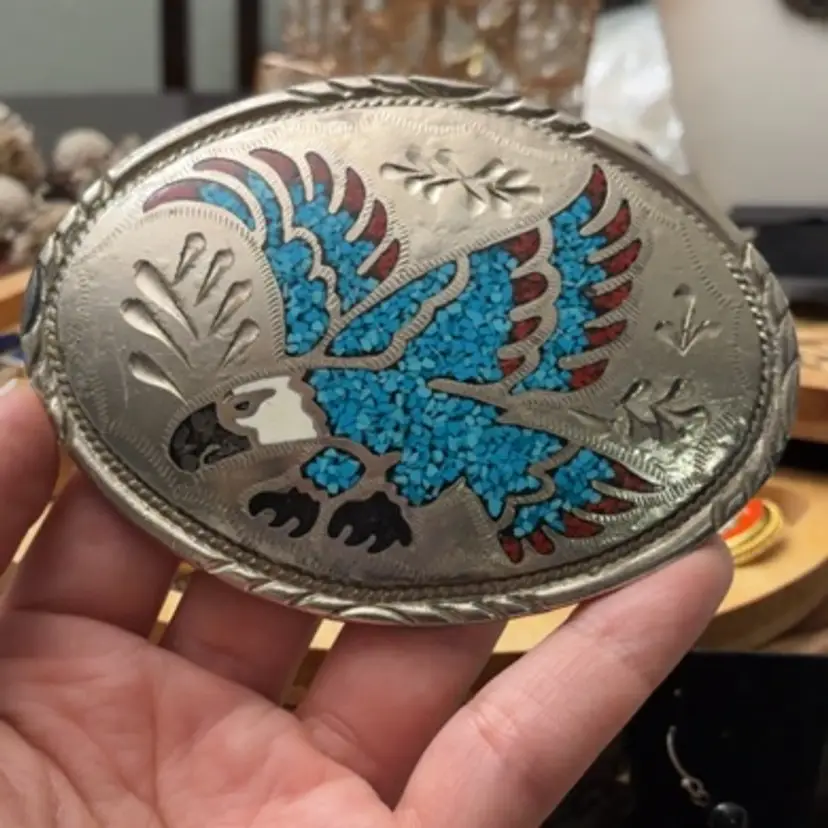 Large Silver Tone Crushed Stone Eagle Belt Buckle 4”x3”