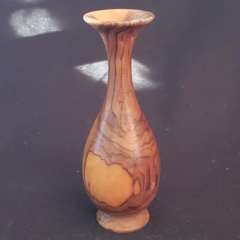 Studio Art Wood Bud Vase Hand Turned 4⅝" Tall Signed in Black Ink Olive Wood (?)