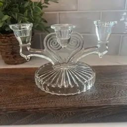 Vintage Jeanette Glass Cosmos clear glass triple candle holder, mid-century