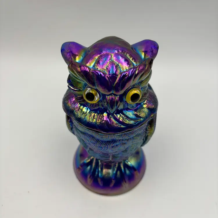 Carnival Cobalt Blue Glass Owl Covered Jar Trinket Dish Imperial Glass Mould by Mosser Glass Toby Jar