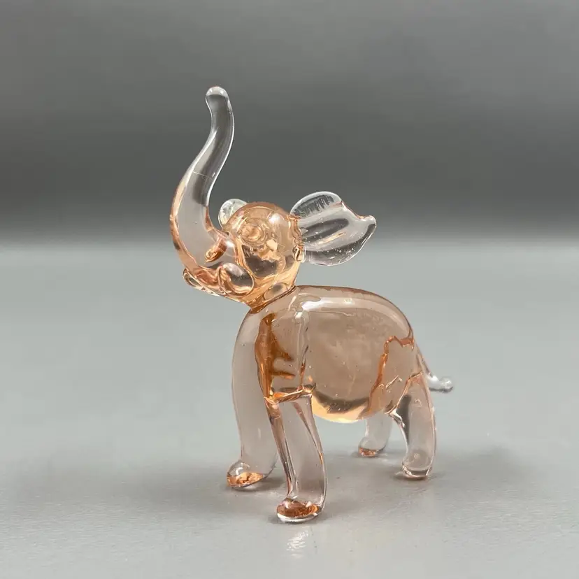 Hand Blown Glass Pink Peach Elephant Trunk Up Figurine Animal 3”
