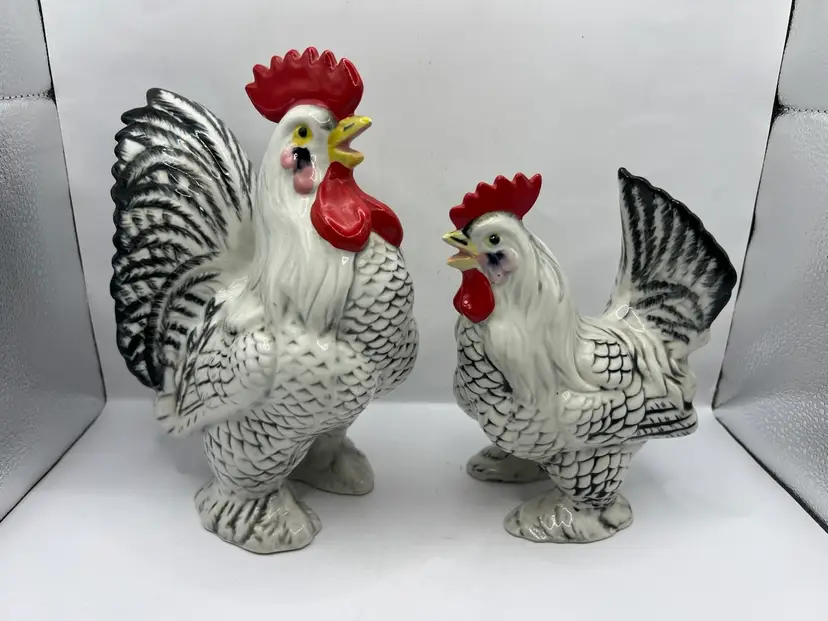 Vintage Made In Japan Set Of 2 Marans Roosters Chickens Black White 6.5” & 8.5"