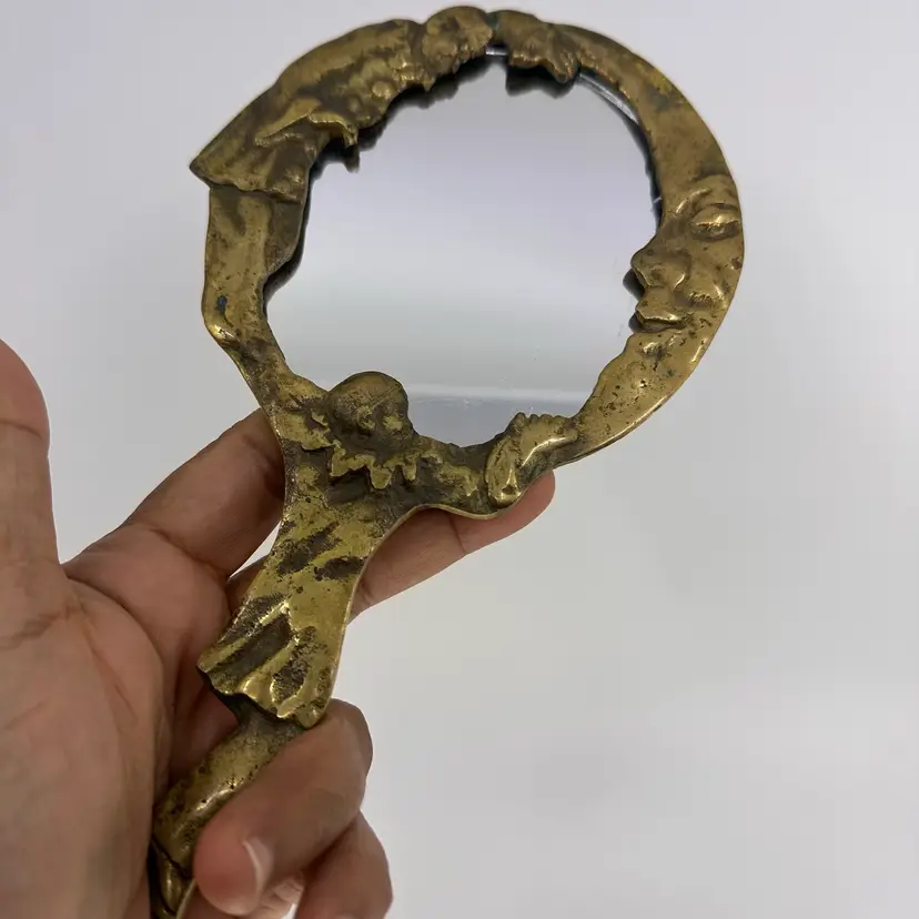 Art Nouveau Brass Crescent Moon Mirror: Celestial Vanity Decor