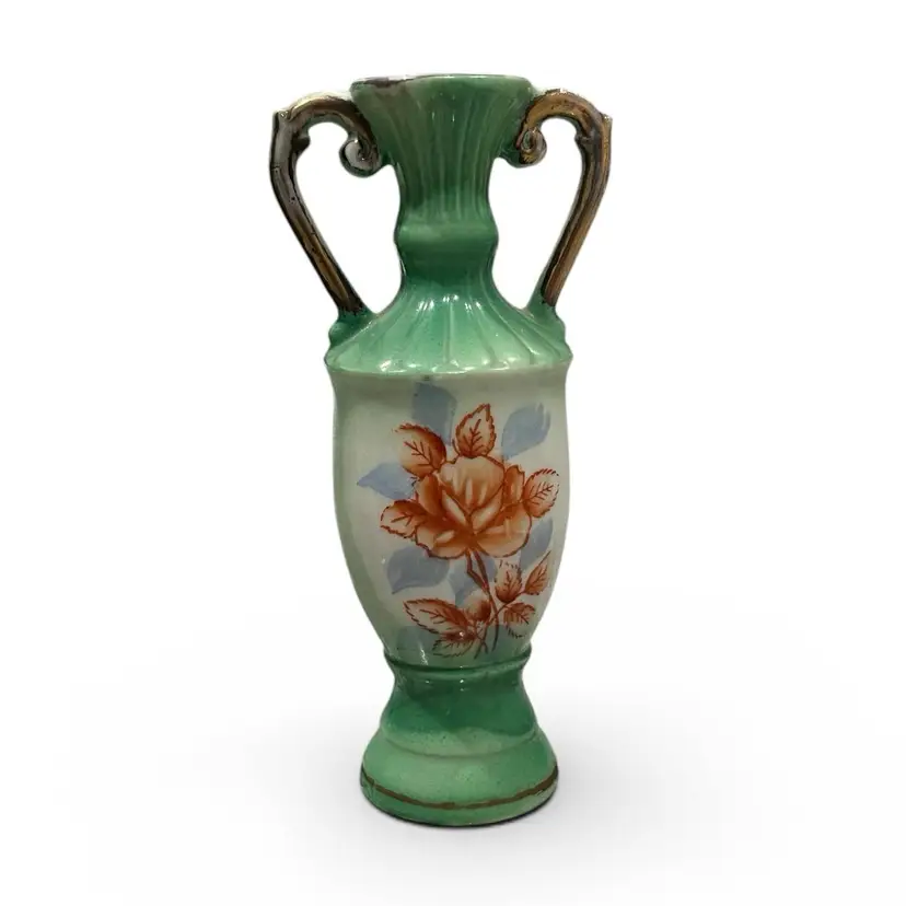 Vintage Green Porcelain Jug Handled Vase With Floral Decor