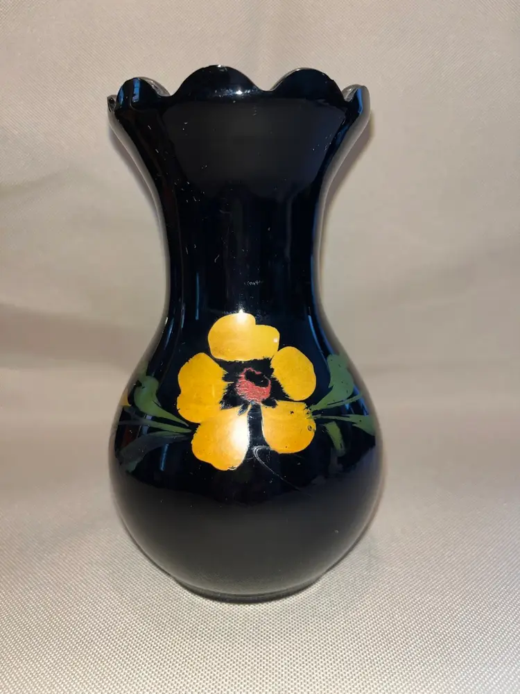 Vintage Fenton Black Amethyst Glass Vase With Yellow Flower