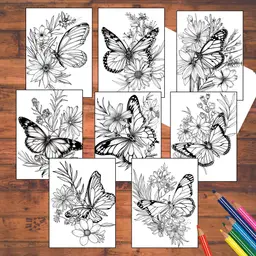 Butterfly Flowers Coloring Cards: DIY Greeting Card Kit with Envelopes