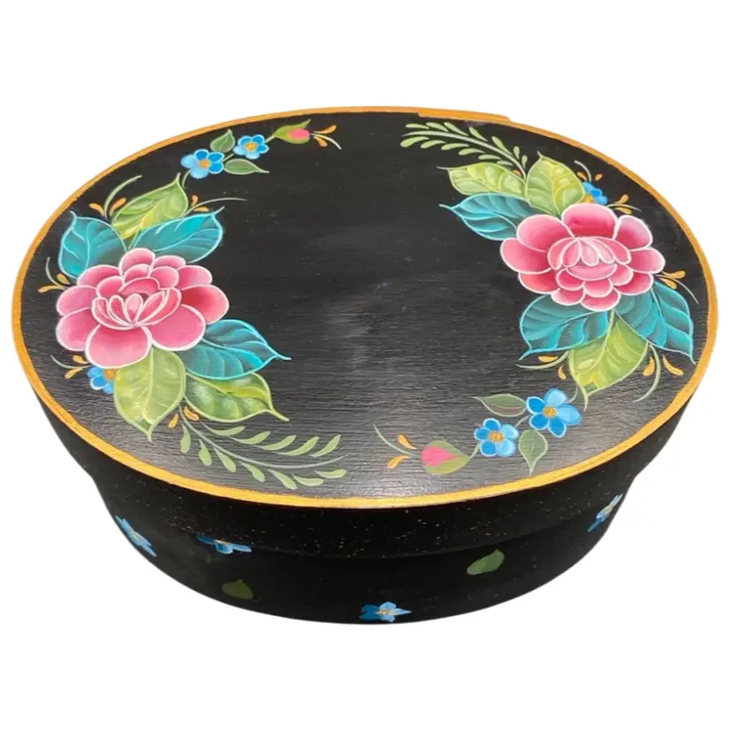 Vintage Hand-Painted Bentwood Box w/Cover, Pink Peonies & Blue Forget-me-nots