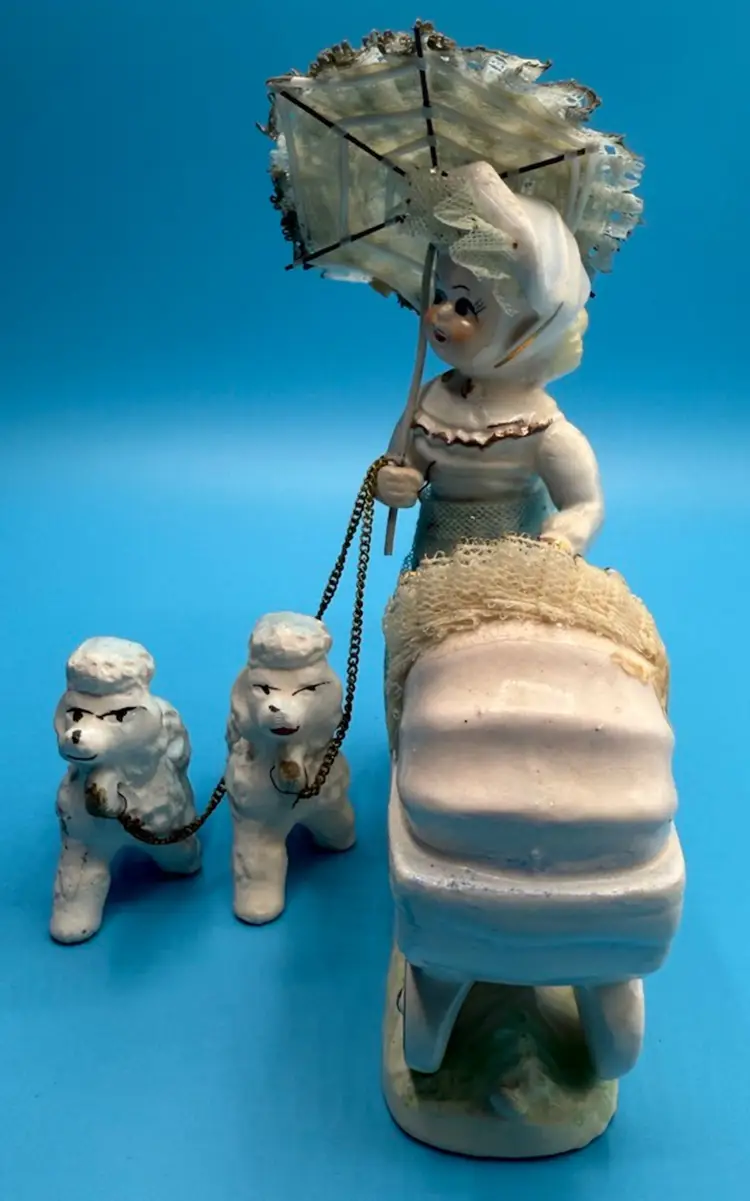 Figurine Of Woman with Parasol Pushing Baby in Carriage & Walking Poodle Dogs Japan MCM Arnart