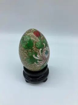 Vintage CHINESE CLOISONNE Egg with Wood Stand Blue bird & Floral Pattern
