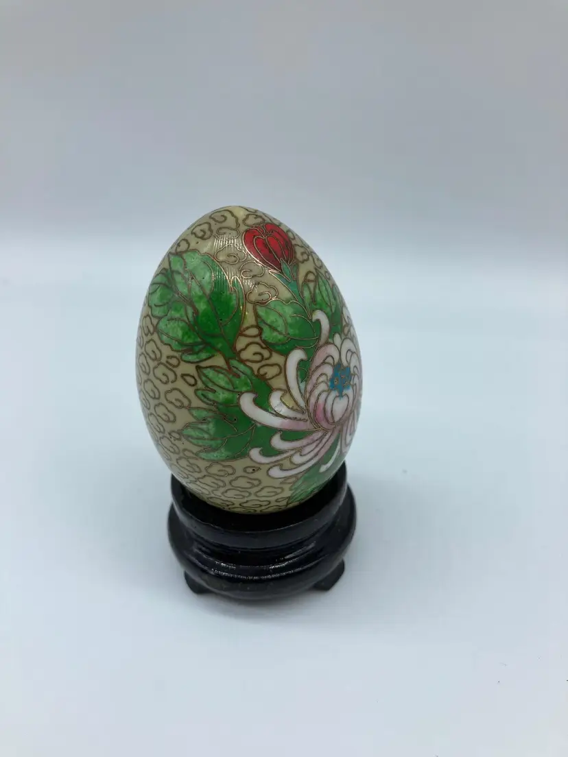 Vintage CHINESE CLOISONNE Egg with Wood Stand Blue bird & Floral Pattern