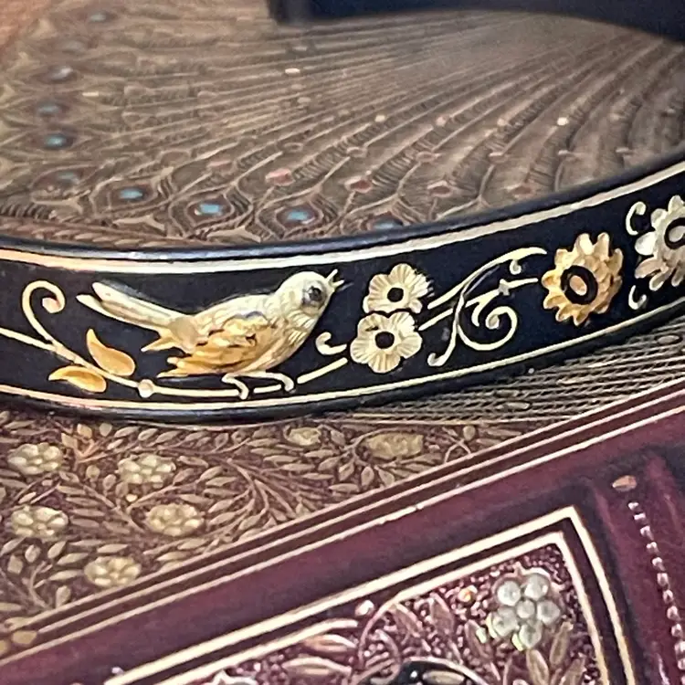 Vintage Damascene Metal Cuff Bracelet Floral Birds
