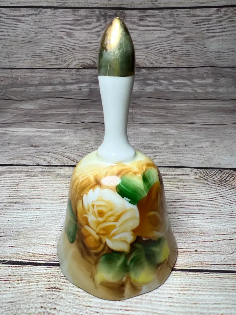 Vintage Lego Japan Porcelain Bell Beige Yellow Roses Gold Trim 5.5”