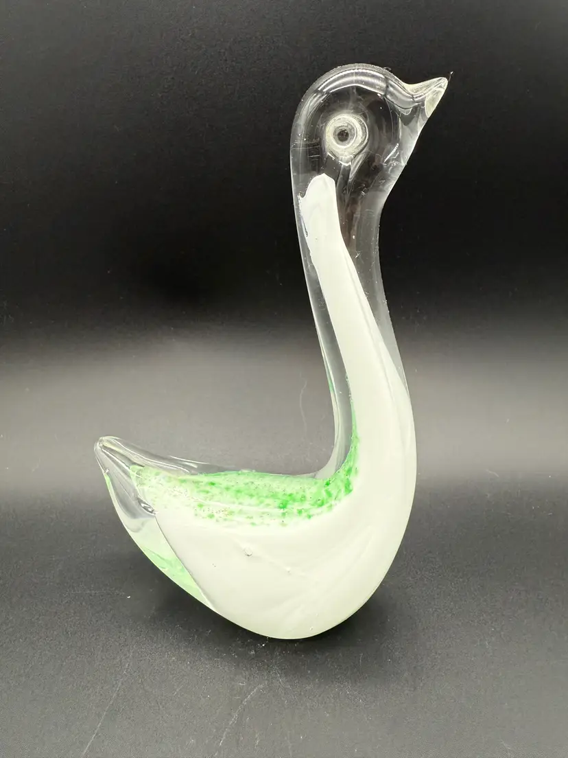 Art Glass Swan Paperweight Green and White