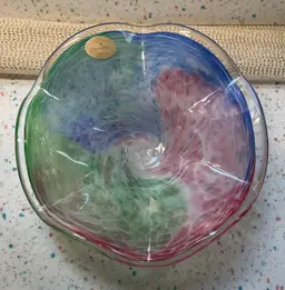 #01 Multicolored art glass bowl with sticker Murano style glassware: Made in Italy