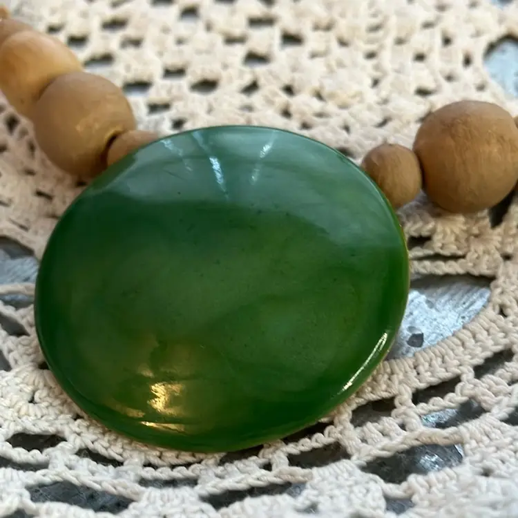 Beautiful Statement, Peace, Green Metal Disc With Wooden Beads On Rope Hanks, 12 Inches From Clasp
