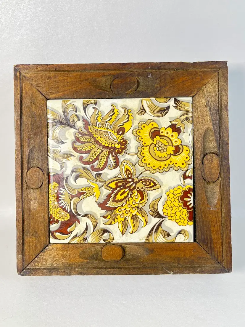 Vintage Mexico Ceramic Tile Trivet With Hand Carved Wood Frame Footed