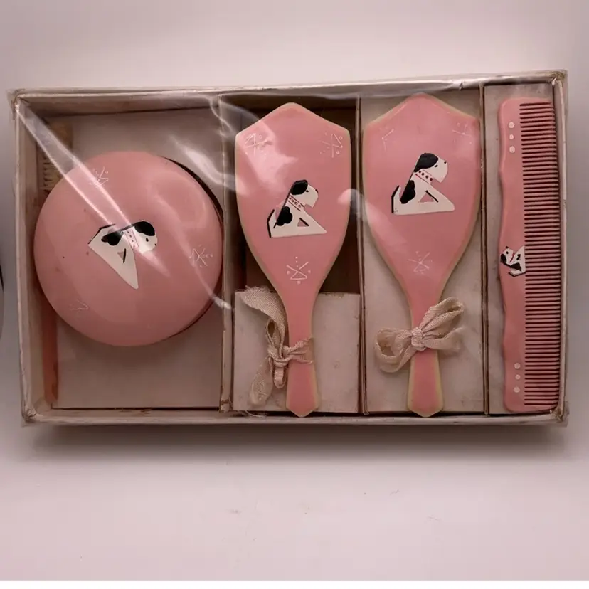 Pink Child's Vanity Set with Puppy Dog Celluloid