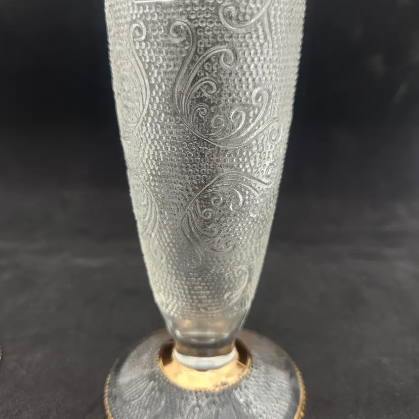 Two Textured Vintage Jeannette Harp Gold Pattern Vases 7 1/2" Tall Scalloped Rim