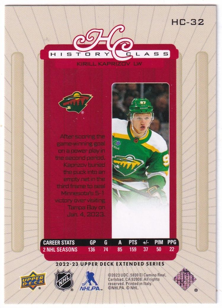 2022-23 Upper Deck '99-00 Upper Deck Retro History Class #HC32 Kirill Kaprizov Minnesota Wild Hockey Card
