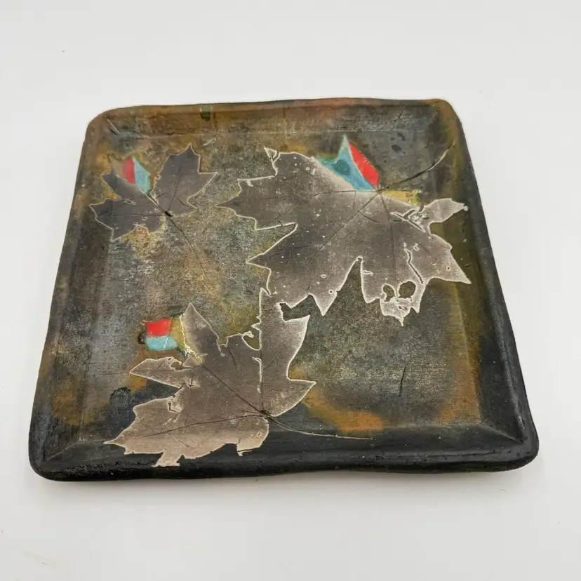 Raku Art Pottery Square Trinket Catchall Plate Dish Leaf Design Unique Glaze