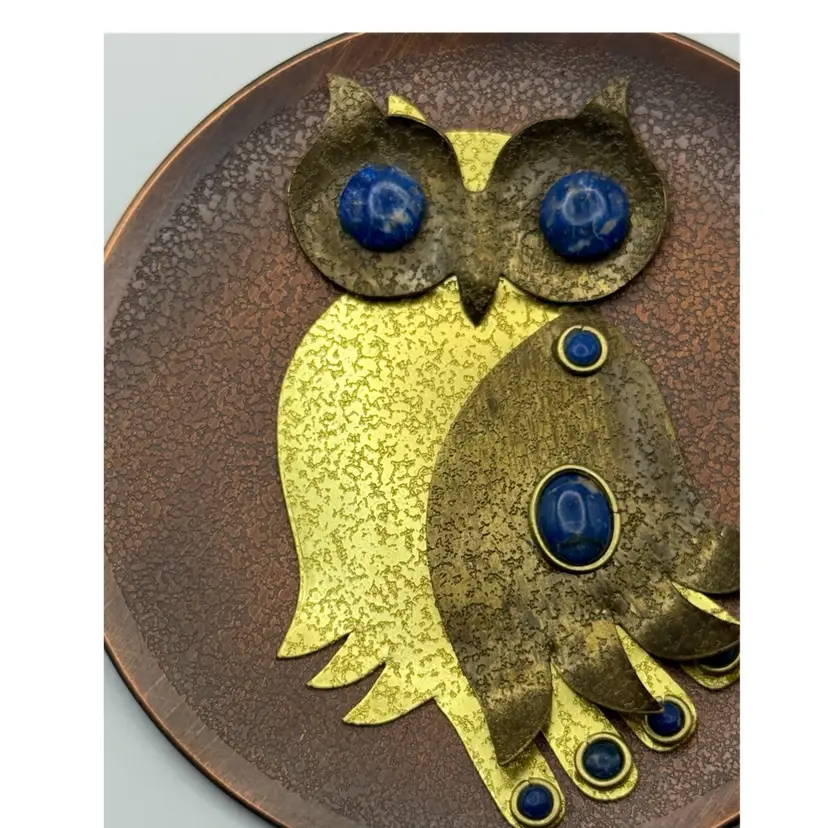 MCM Mixed Metal And Lapis Owl Round Wall Sculpture
